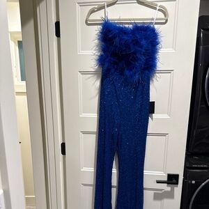 NWT Lulu’s Unbelievable Energy Royal Blue Sequin Feather Strapless Jumpsuit